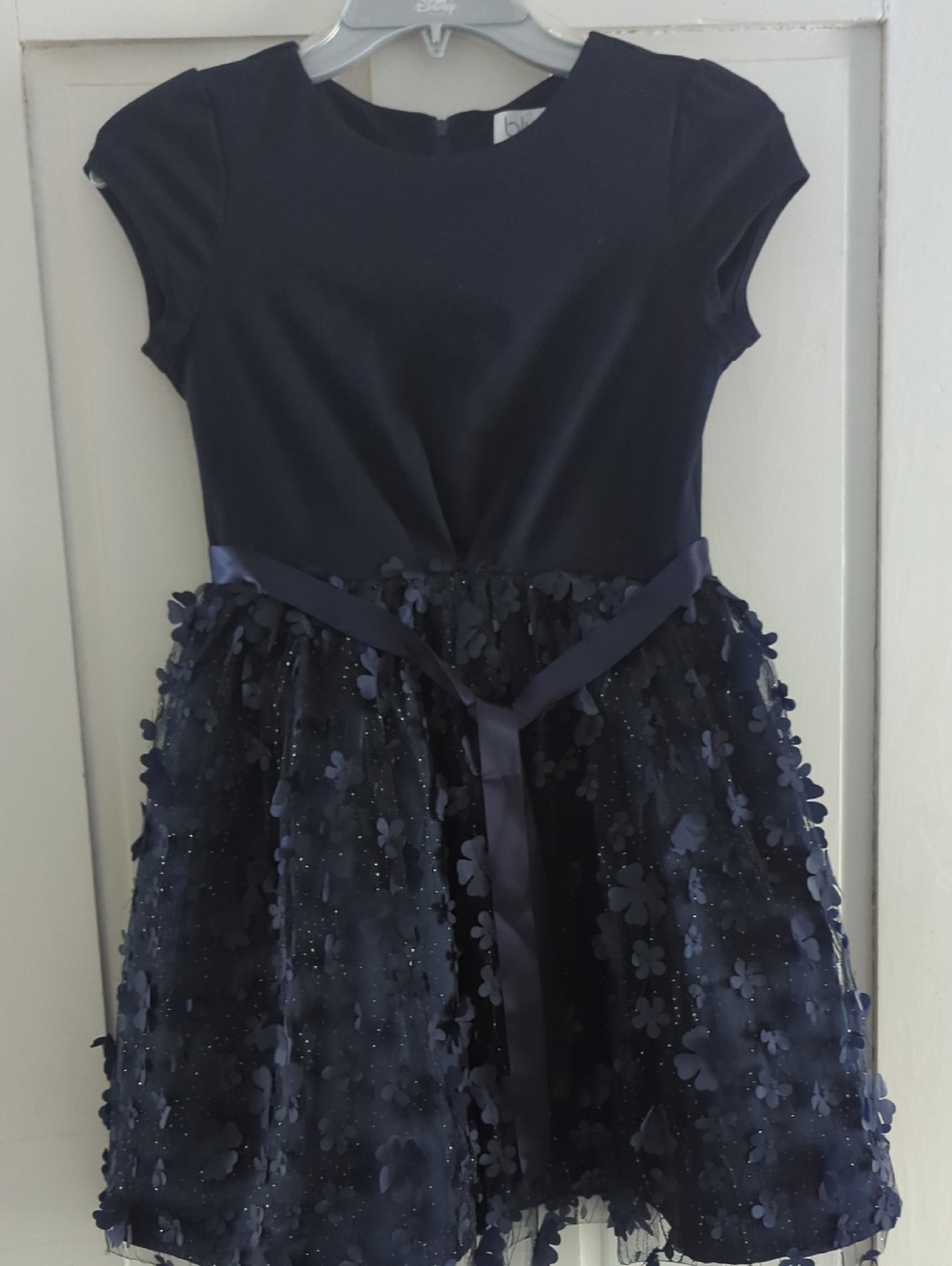 Us Angels Navy Floral Appliqué Tulle Dress with Satin Tie